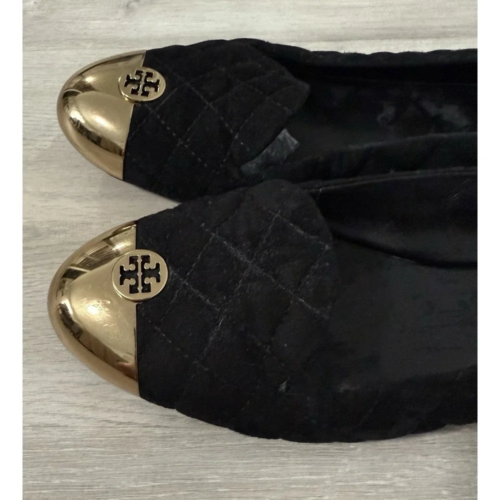 Tory Burch Black Quilted Velvet Gold Cap Toe Ballet Flats Women's Shoes sz 7